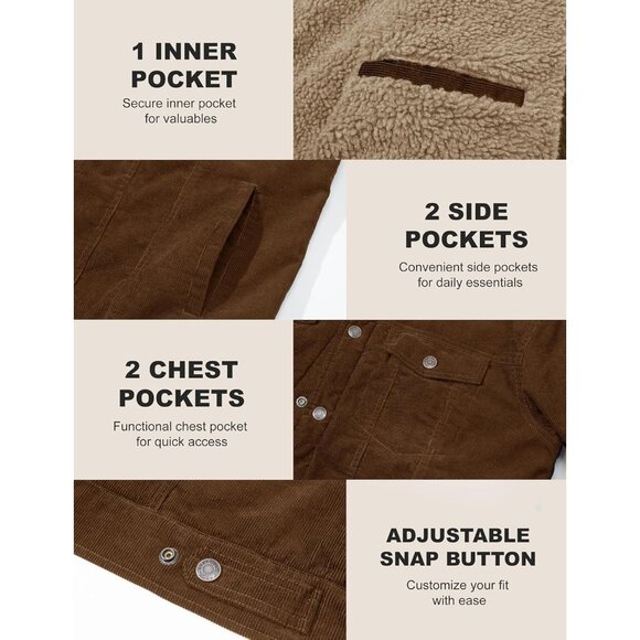 Mens Brown Corduroy Jacket Sherpa Lined Warm Winter Trucker Cargo Coat - Picture 6 of 7